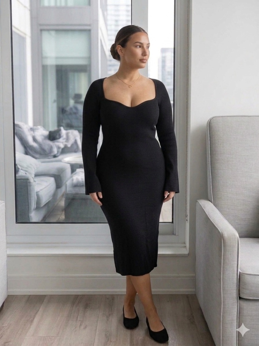 Moon River Black Ribbed Knit Midi Dress- Size Large